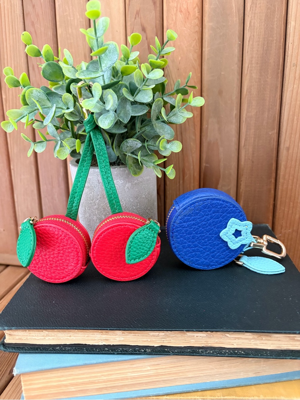 Cherries Or Blueberry Faux Leather Keychain Coin Purse & Charm: Choose ONE